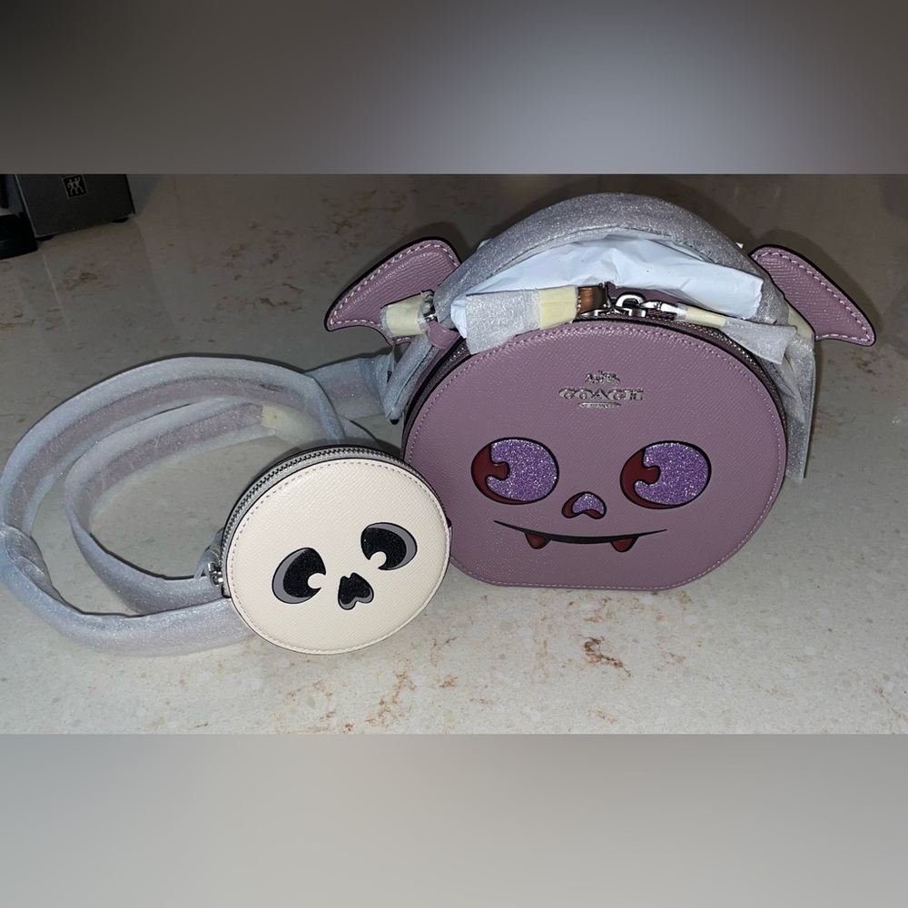 NWT Coach Leather Purple Bat Canteen Crossbody Bag & Ghost/Skull Coin Purse